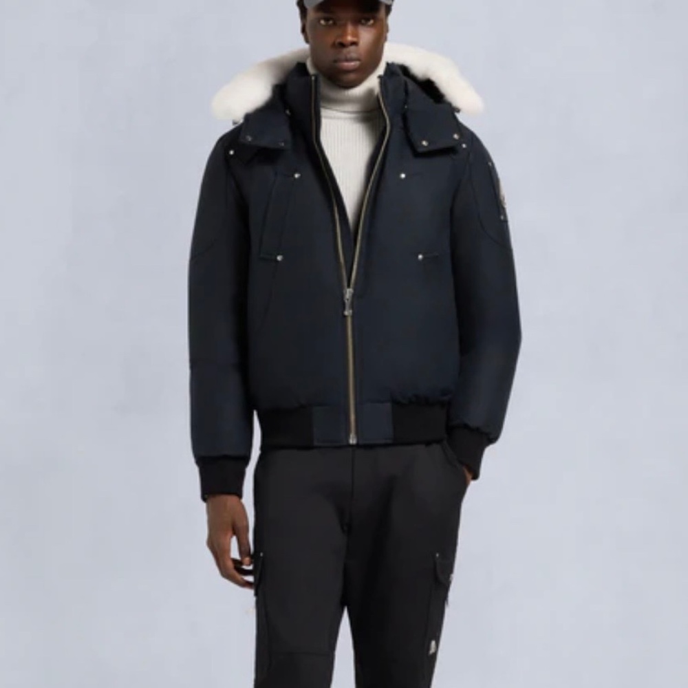 Moose Knuckles Original Mens Down Ballistic Puffer Bomber Jacket, Fur, Navy, Med